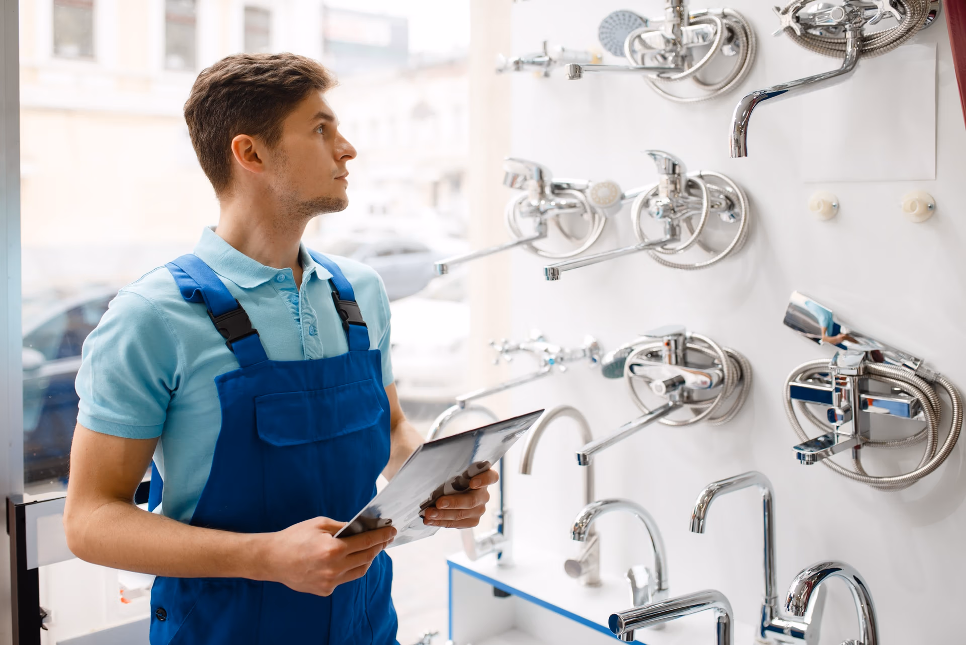 plumber-in-uniform-at-showcase-in-plumbering-store